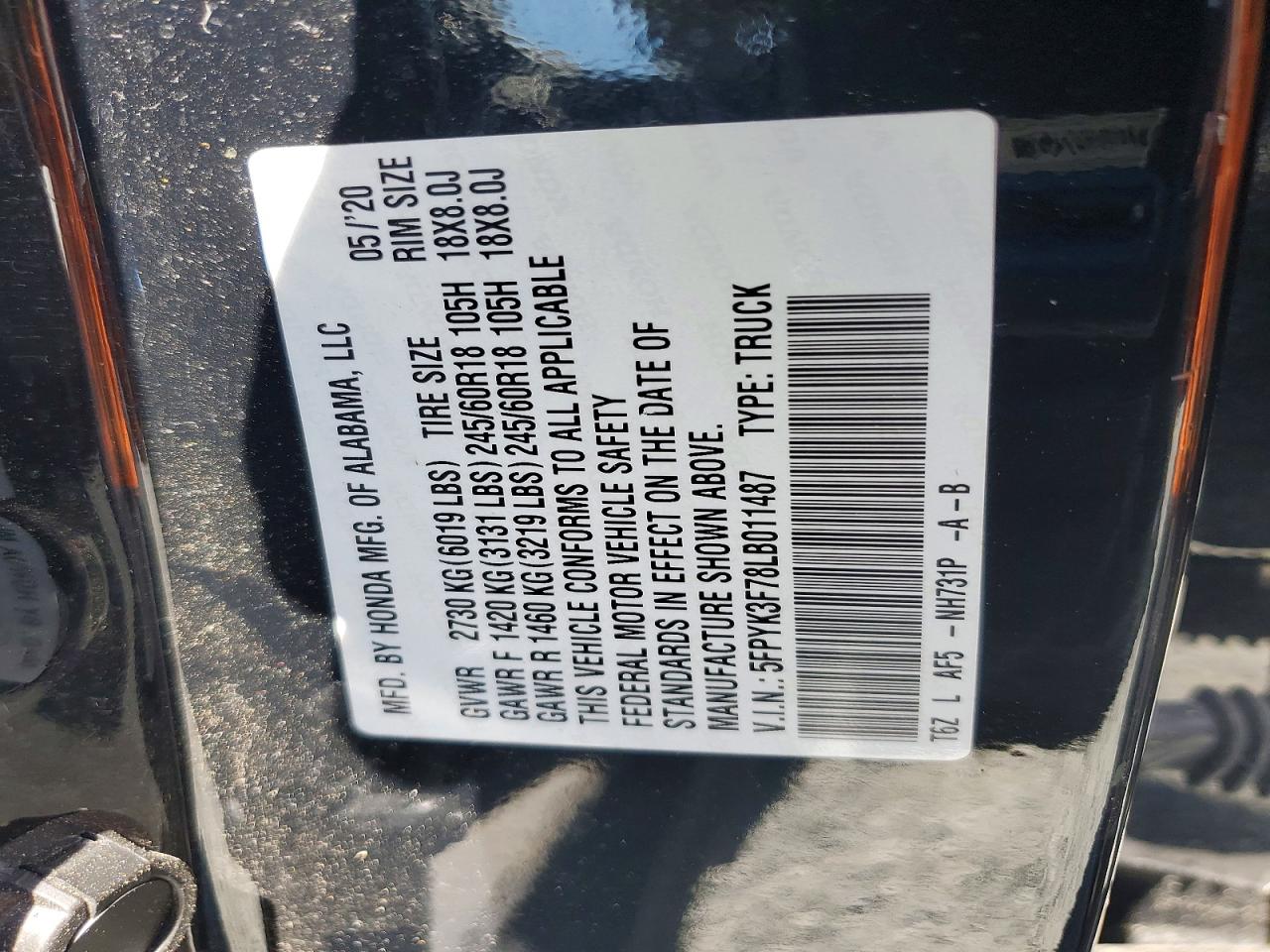 2020 Honda Ridgeline VIN 5FPYK3F78LB011487 photo 12