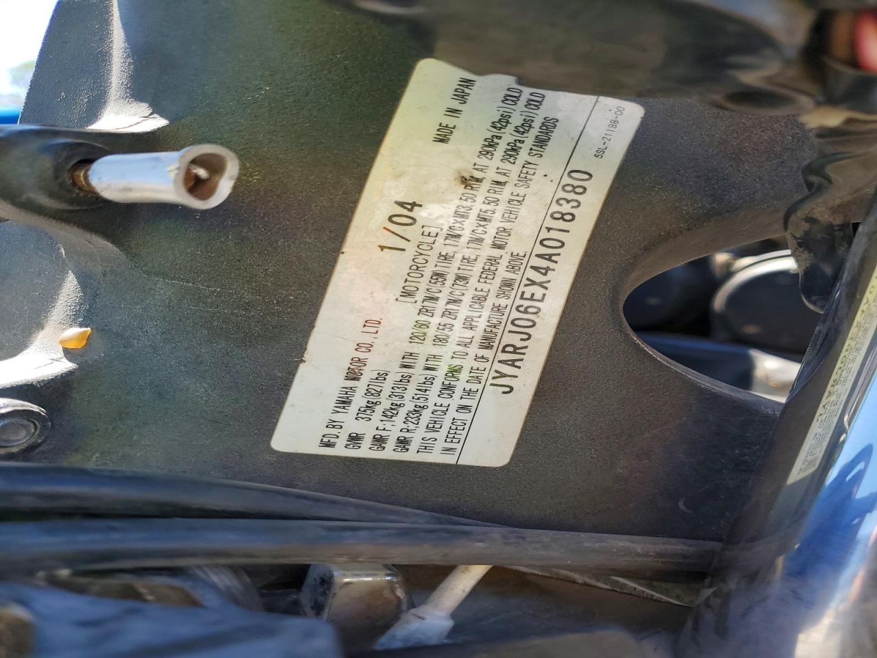 2004 YAMAHA Yzf VIN JYARJ06EX4A018380 photo 9