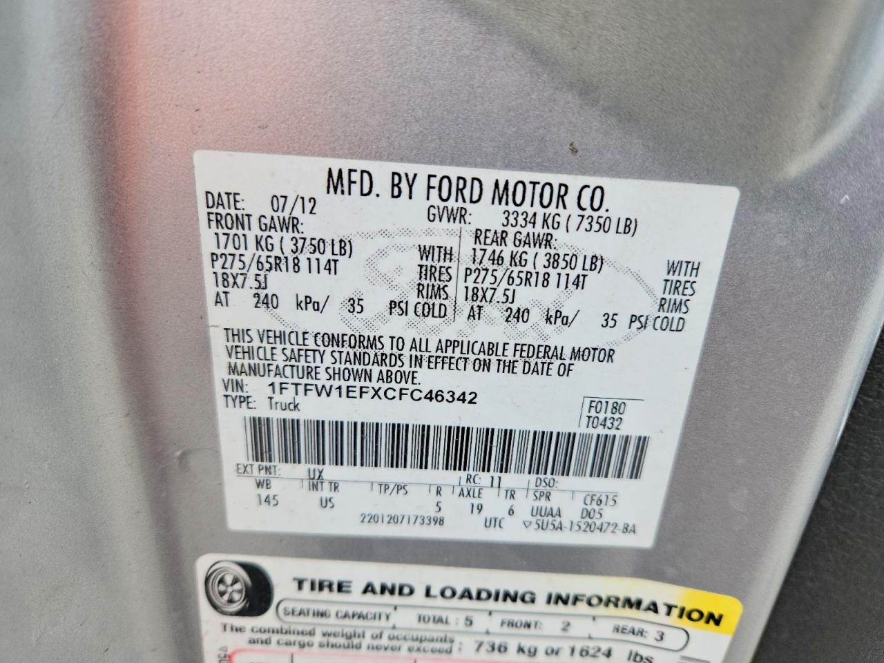 2012 Ford F150 VIN 1FTFW1EFXCFC46342 photo 12