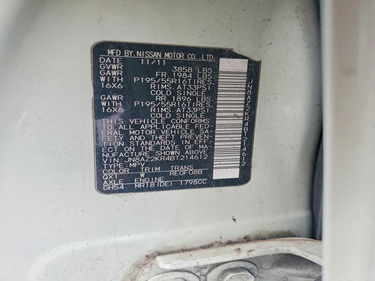 2011 Nissan Cube VIN JN8AZ2KR4BT214612 photo 12