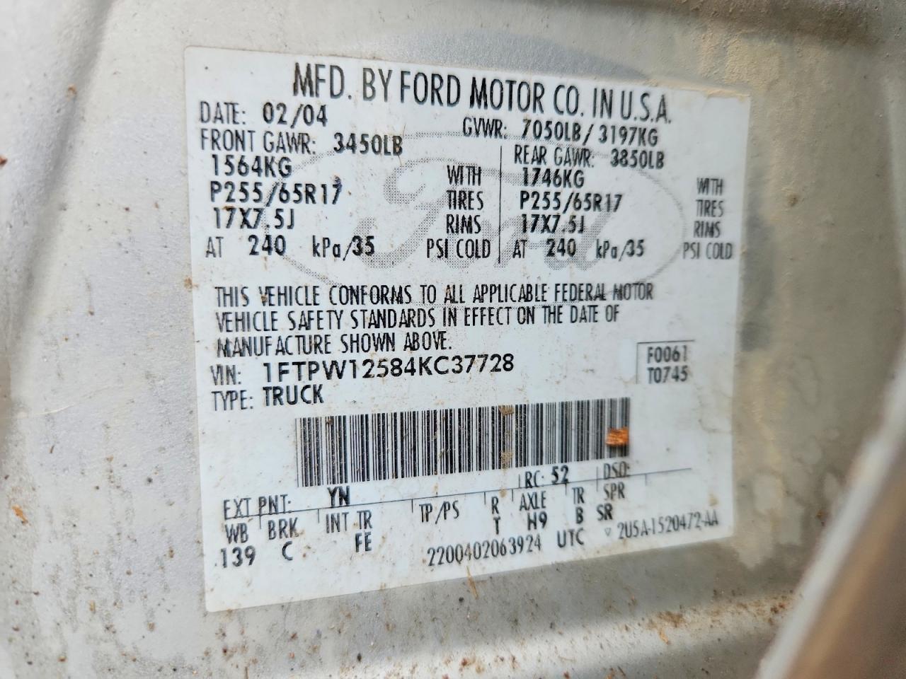 2004 Ford F150 VIN 1FTPW12584KC37728 photo 12