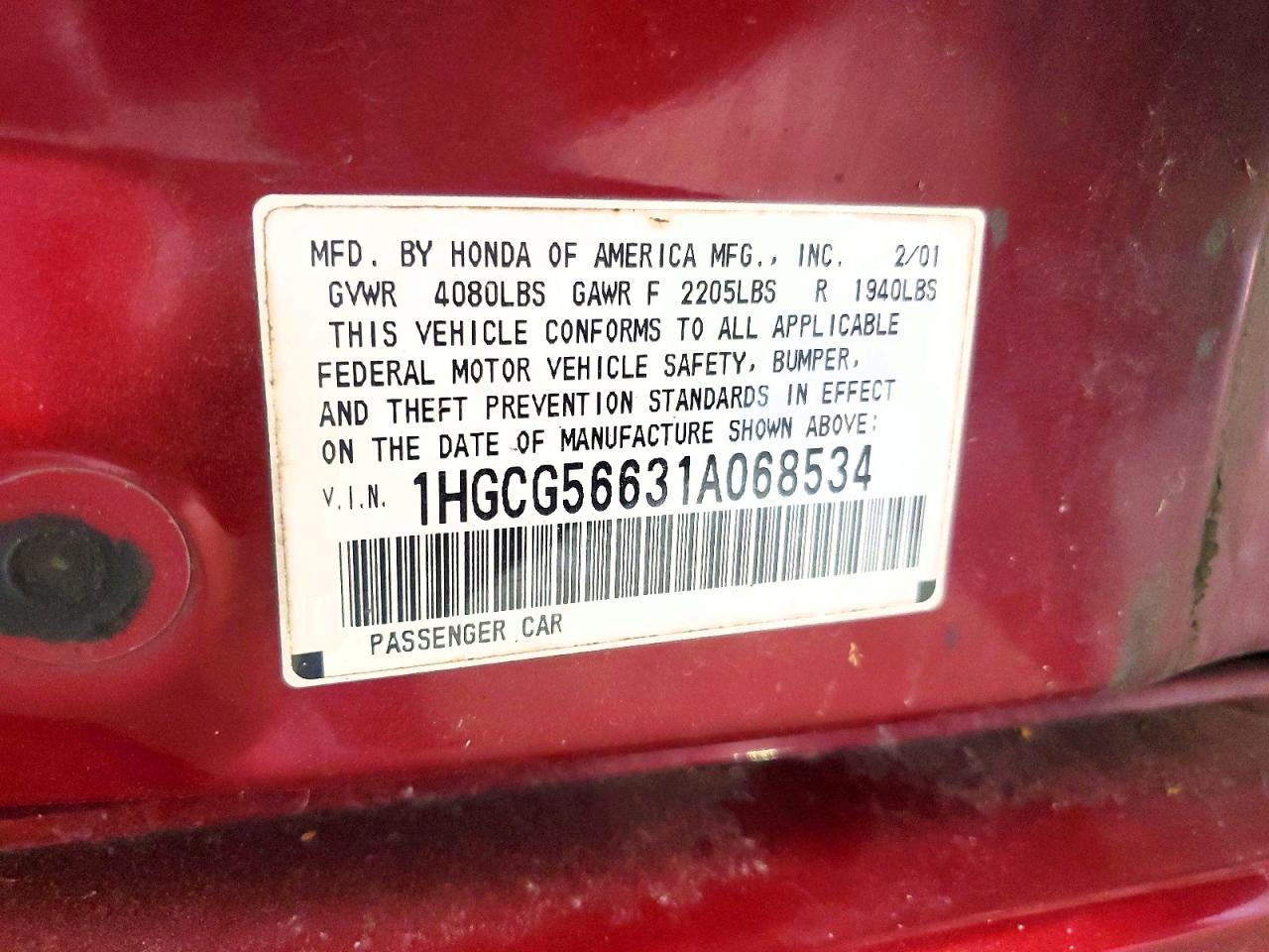 2001 Honda Accord VIN 1HGCG56631A068534 photo 12