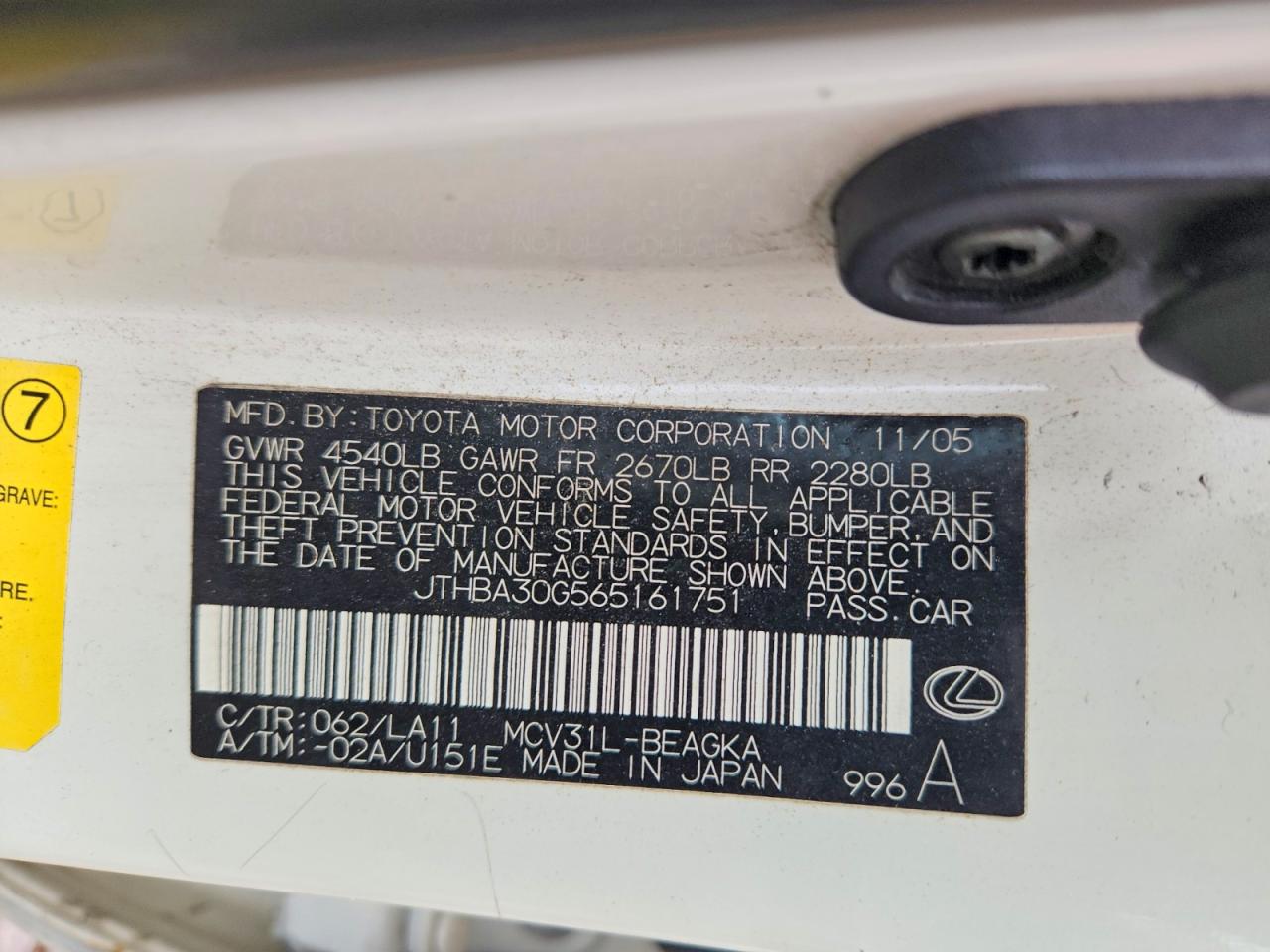 2006 Lexus Es330 VIN JTHBA30G565161751 photo 12