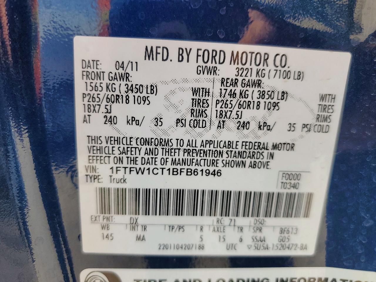 2011 Ford F150 VIN 1FTFW1CT1BFB61946 photo 12