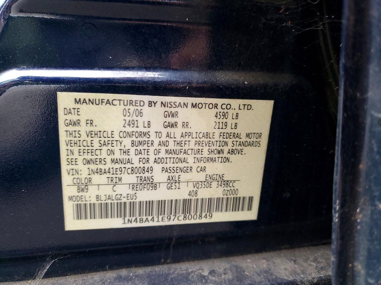 2007 Nissan Maxima VIN 1N4BA41E97C800849 photo 12