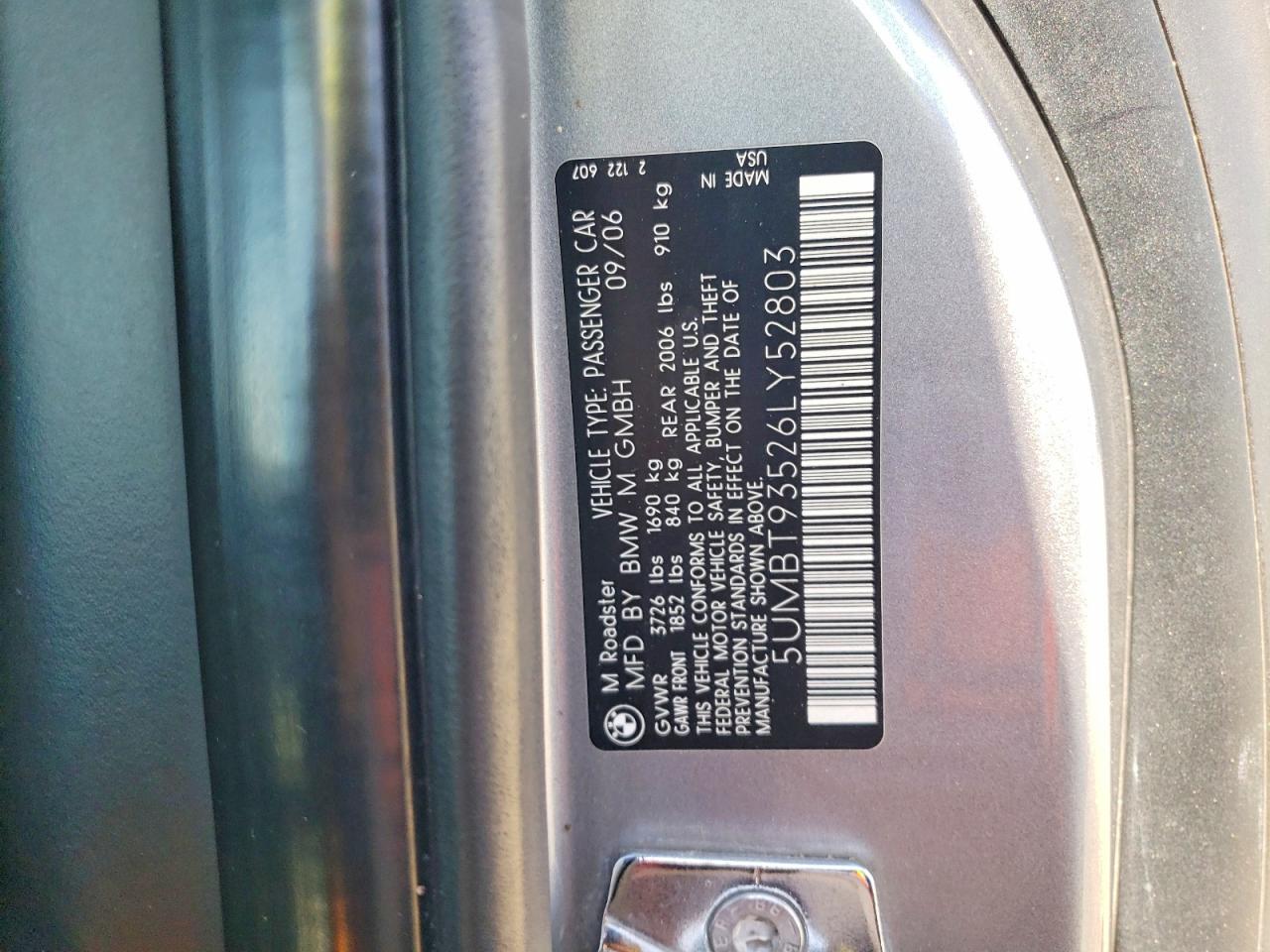 2006 BMW M3 VIN 5UMBT93526LY52803 photo 12