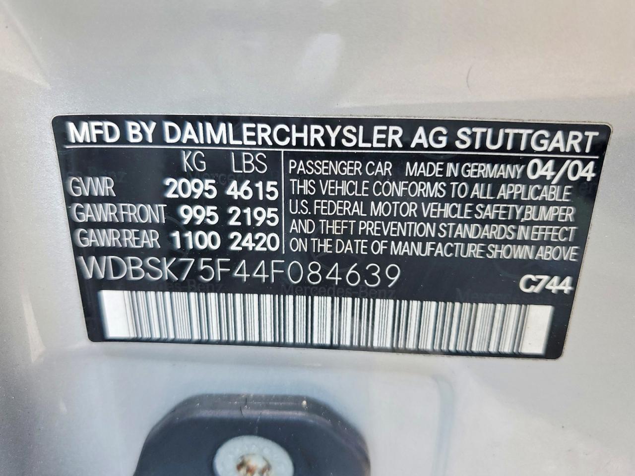 2004 Mercedes-Benz Sl-class VIN WDBSK75F44F084639 photo 12