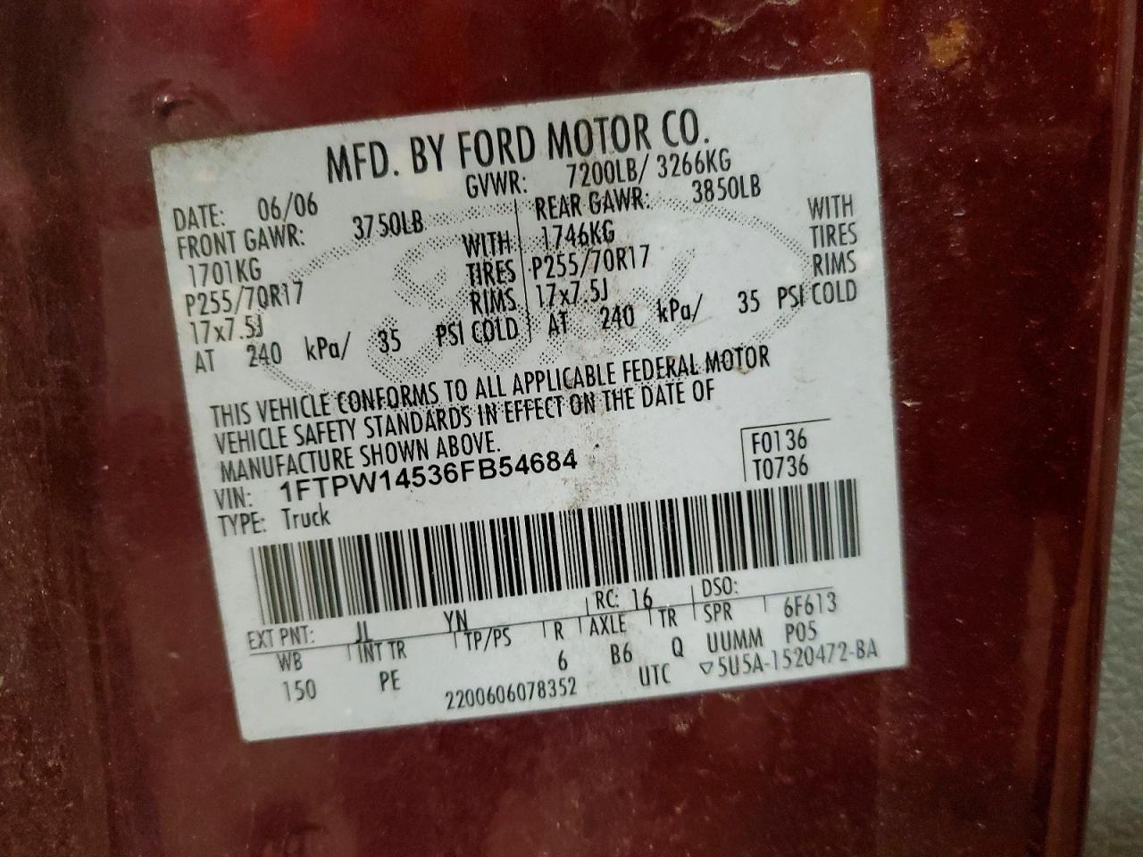 2006 Ford F150 VIN 1FTPW14536FB54684 photo 12