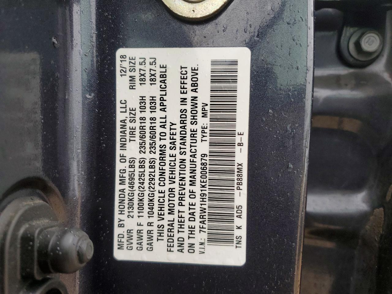2019 Honda Crv VIN 7FARW1H91KE006879 photo 12