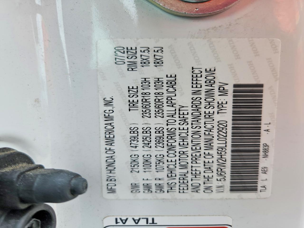 2020 Honda Crv VIN 5J6RW2H59LL022920 photo 12