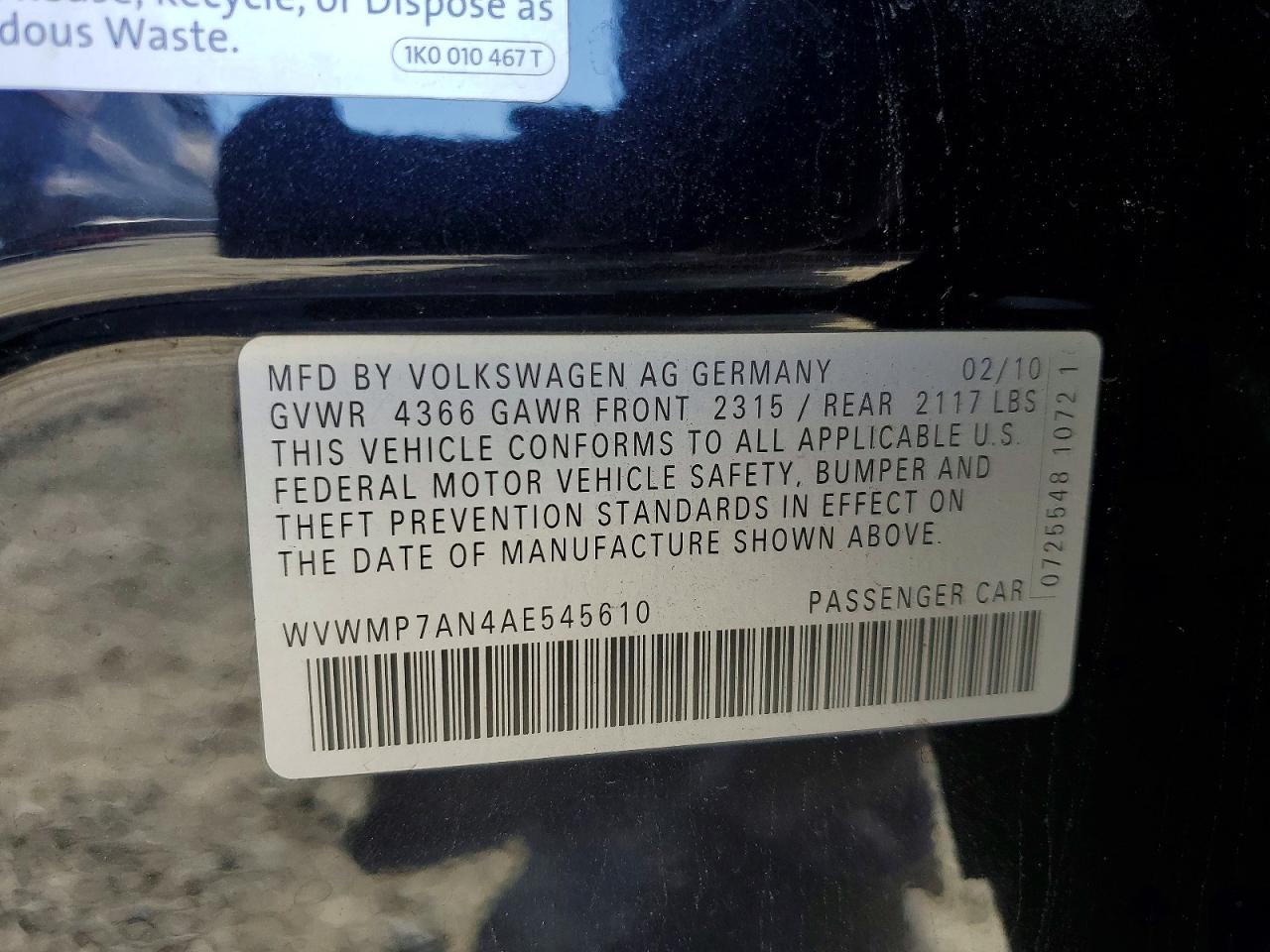 2010 VOLKSWAGEN Cc VIN WVWMP7AN4AE545610 photo 12