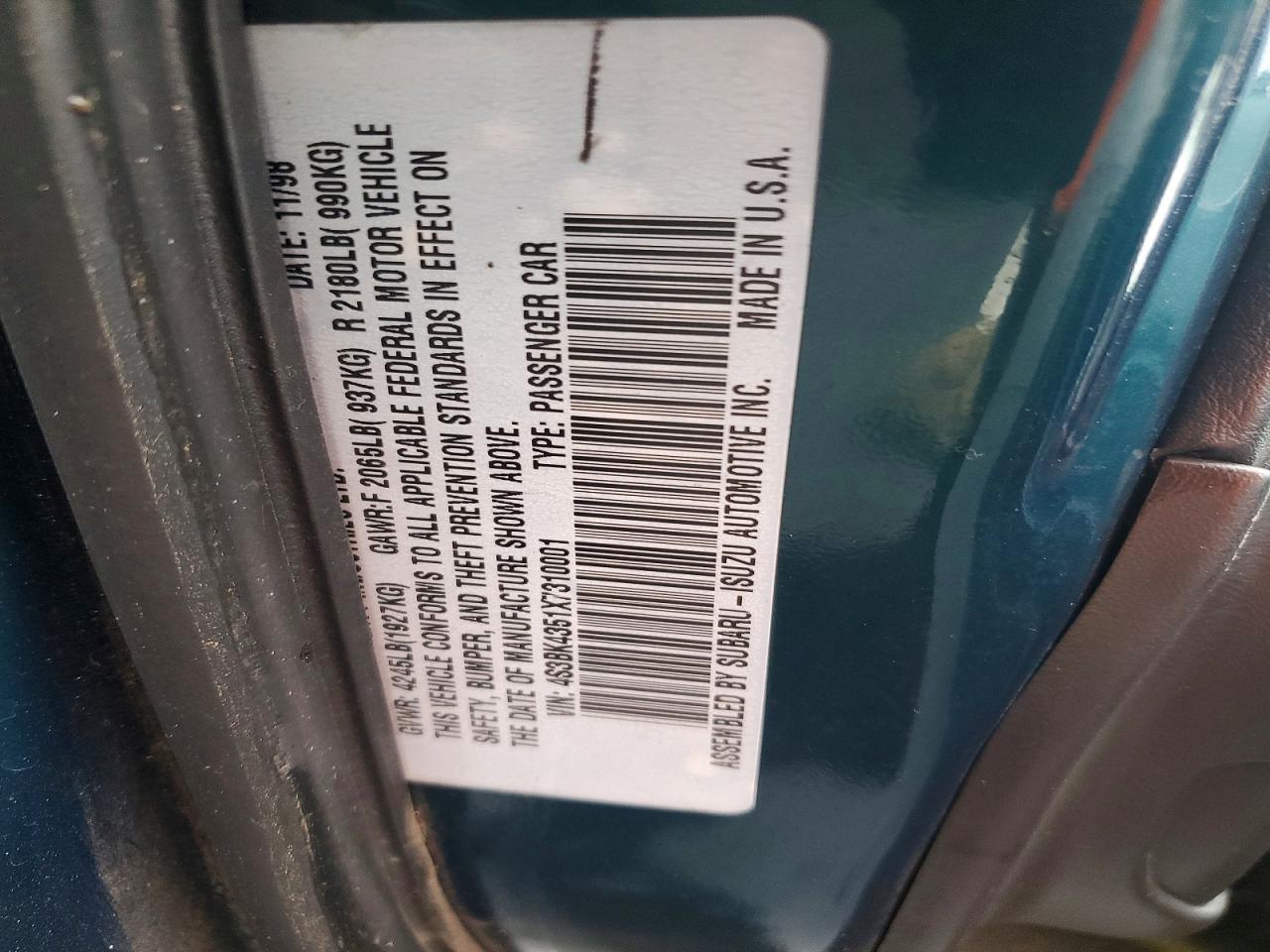 1999 Subaru LEGACY VIN 4S3BK4351X7310001 photo 12