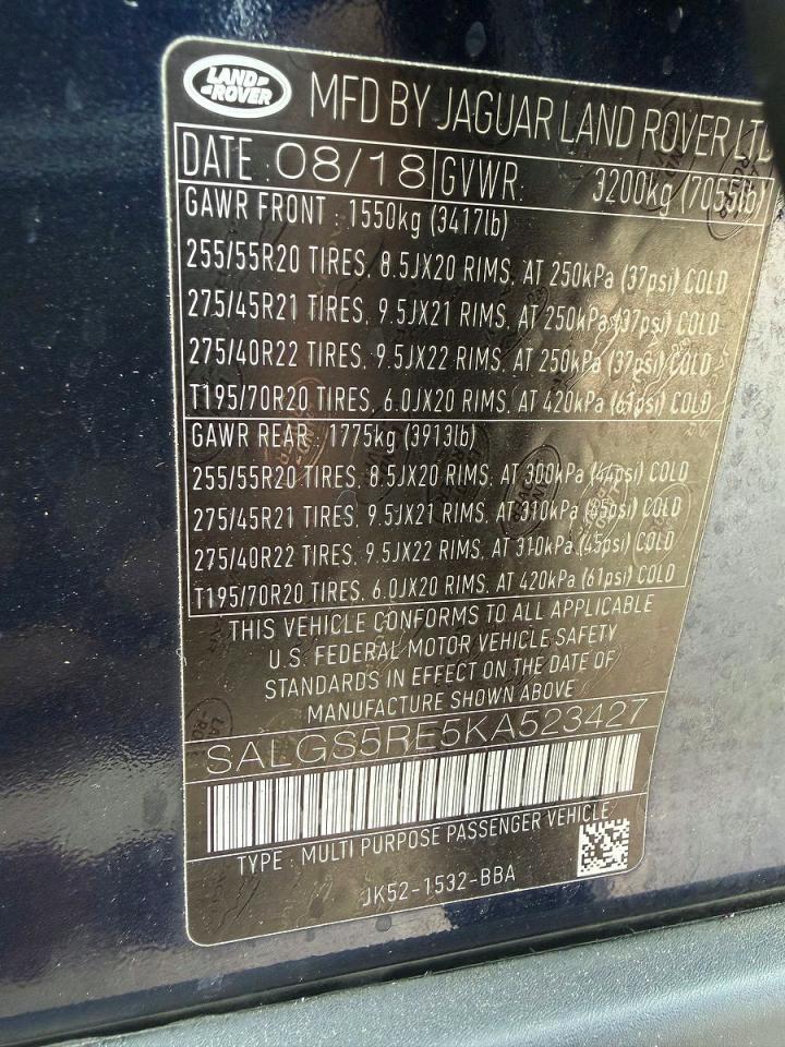 2019 Land Rangerover VIN SALGS5RE5KA523427 photo 10