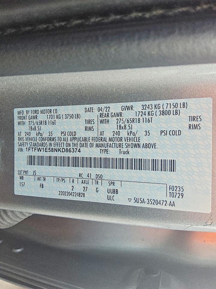 2022 Ford F150 VIN 1FTFW1E58NKD86374 photo 12
