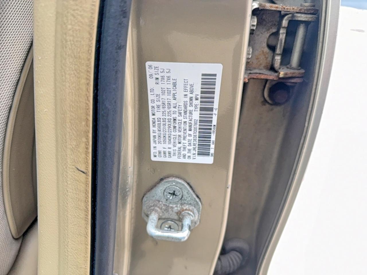 2007 Honda Crv VIN JHLRE38387C007802 photo 10