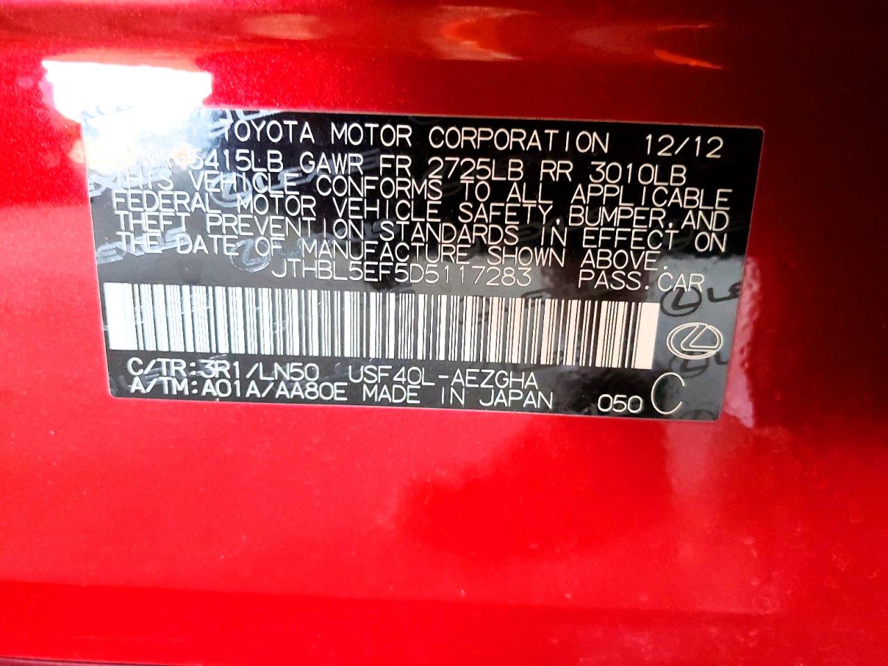 2013 Lexus Ls500 VIN JTHBL5EF5D5117283 photo 12
