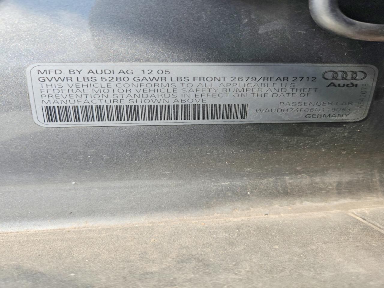 2006 Audi A6 VIN WAUDH74F06N119063 photo 12