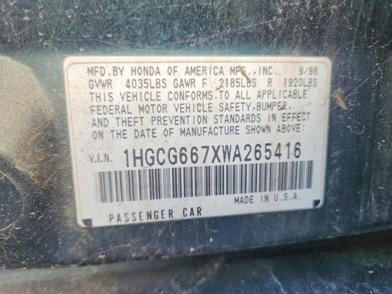 1998 HONDA Accord VIN 1HGCG667XWA265416 photo 12