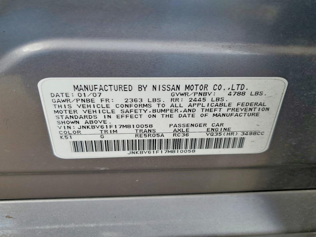 2007 Infiniti G35 VIN JNKBV61F17M810058 photo 12