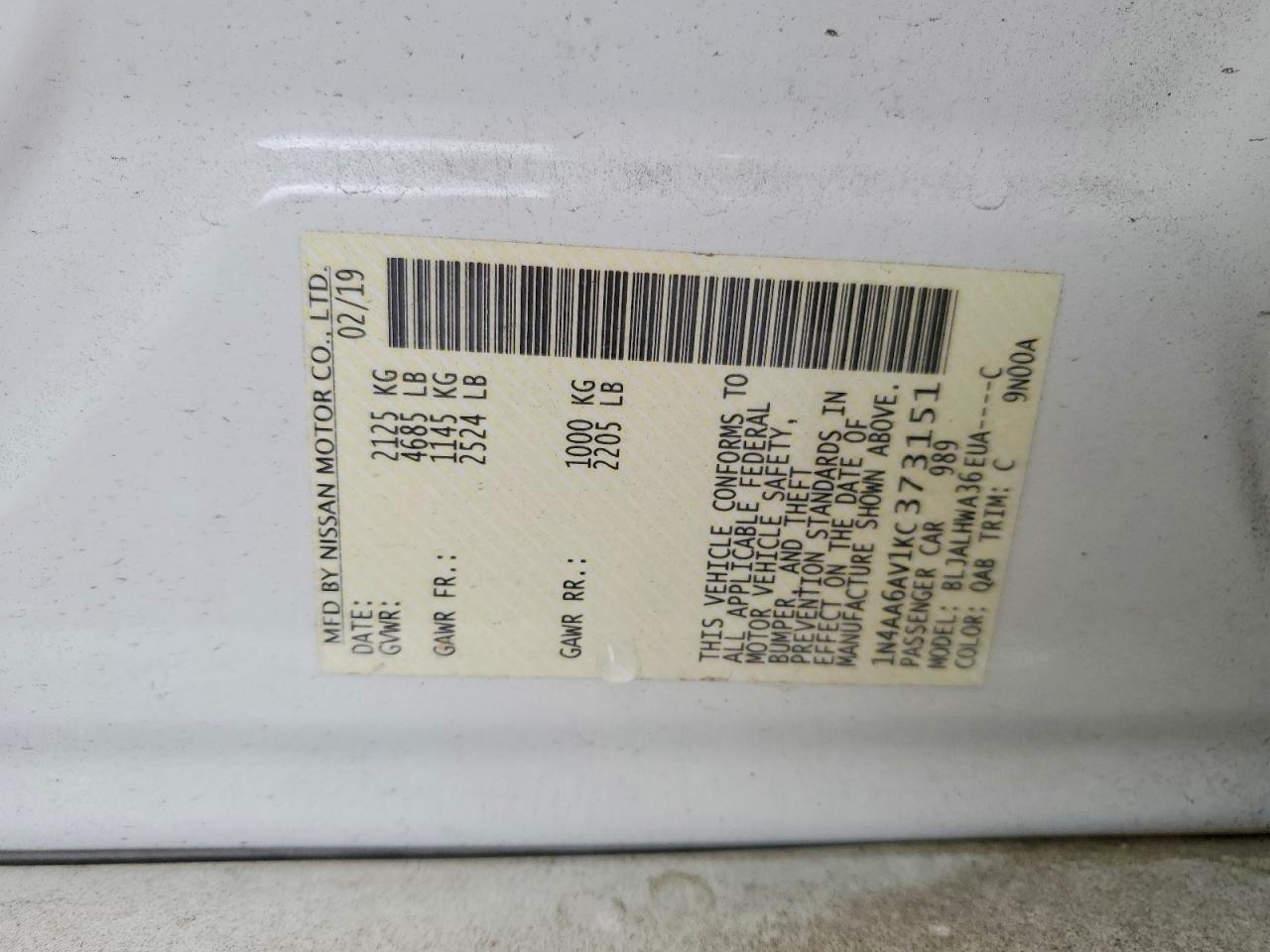 2019 Nissan Maxima VIN 1N4AA6AV1KC373151 photo 12