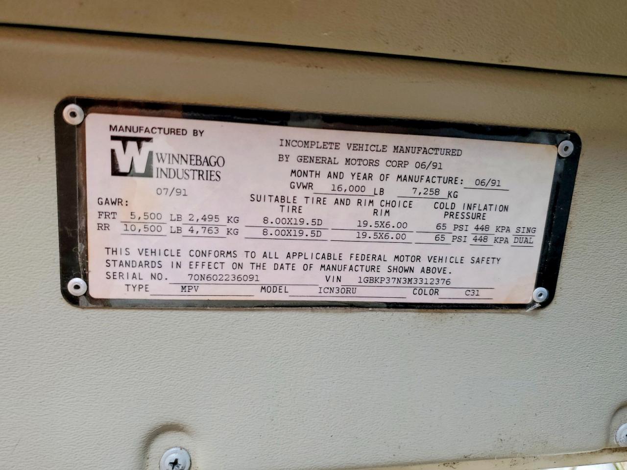 1992 WINNEBAGO Itasca VIN 1GBKP37N3M3312376 photo 10