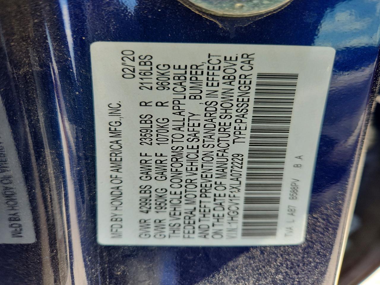 2020 Honda Accord VIN 1HGCV1F1XLA072229 photo 12