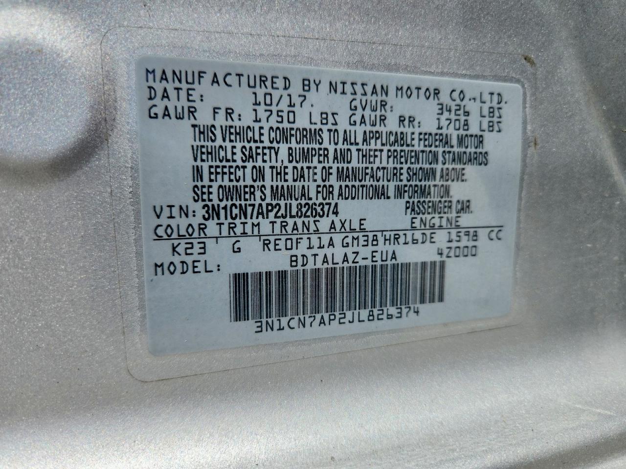 2018 Nissan Versa s pl VIN 3N1CN7AP2JL826374 photo 12