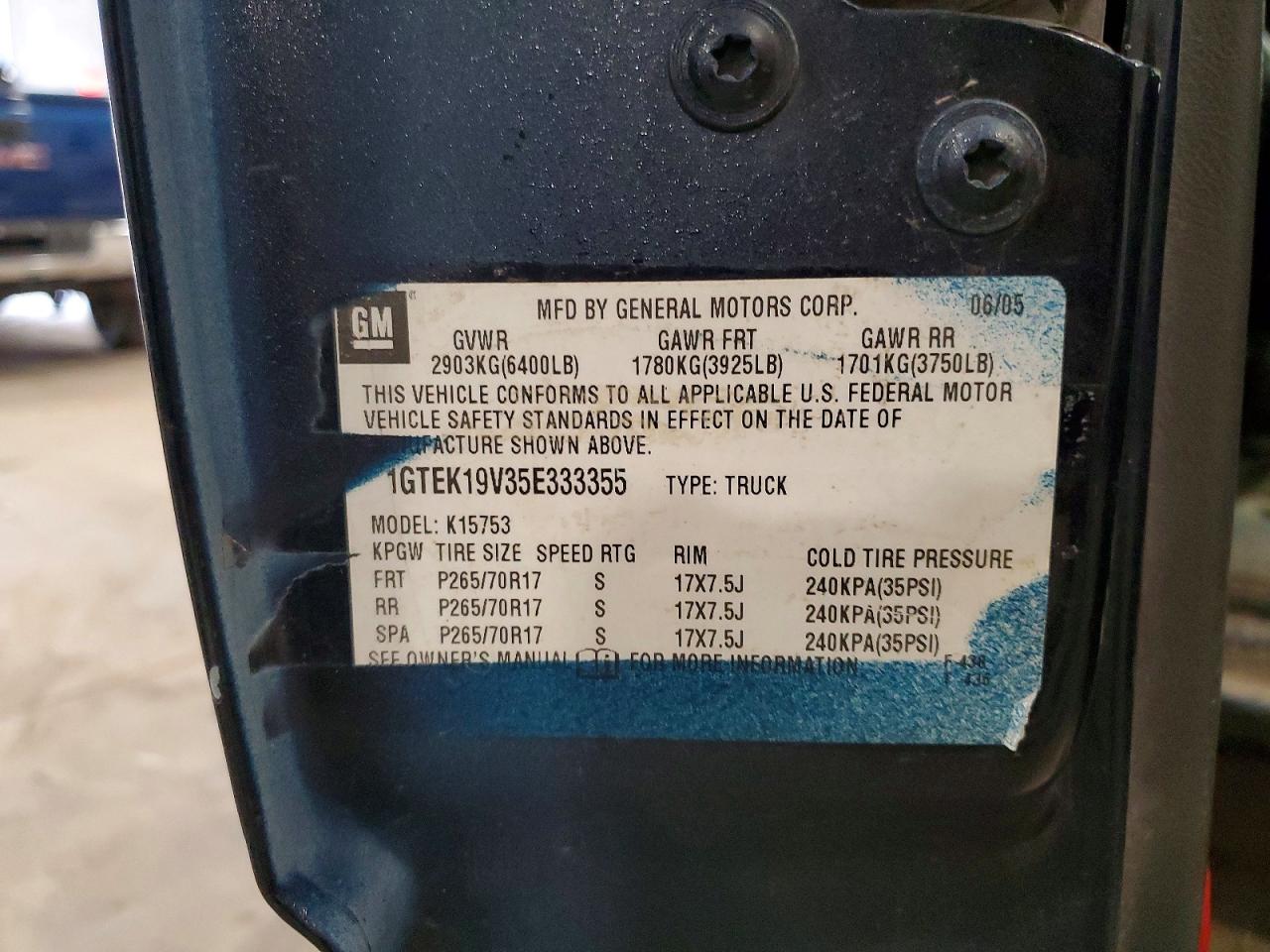 2005 GMC SIERRA VIN 1GTEK19V35E333355 photo 12