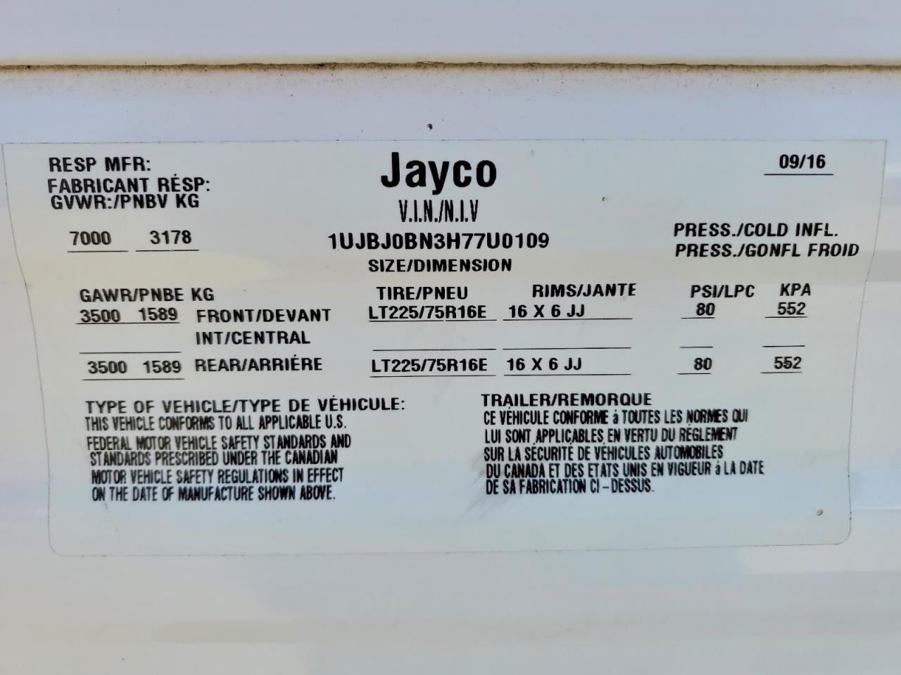 2017 JAYCO Jayco VIN 1UJBJ0BN3H77U0109 photo 10