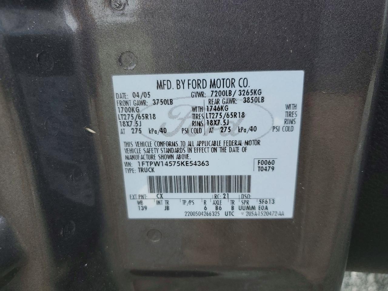 2005 Ford F150 VIN 1FTPW14575KE54363 photo 12