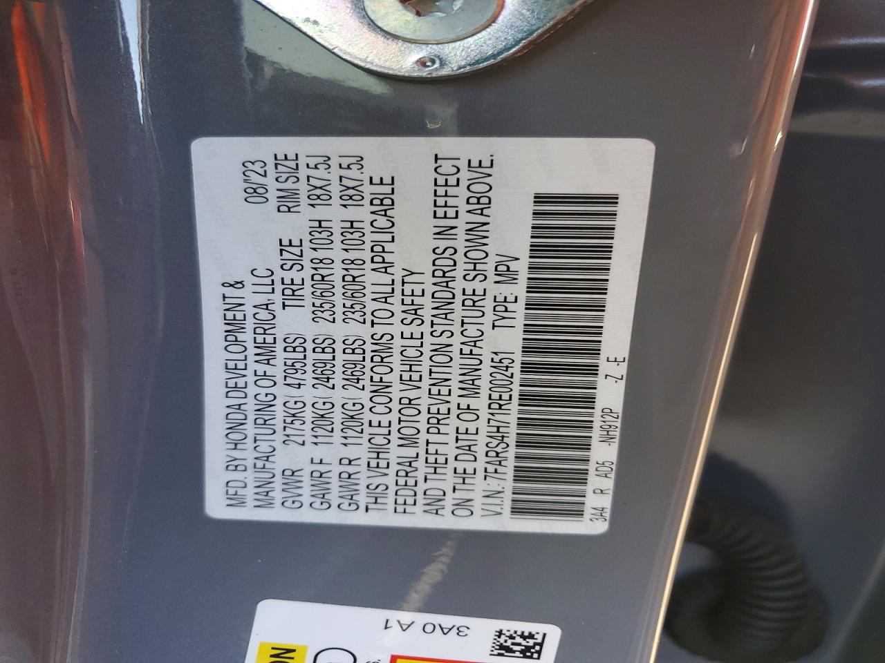 2024 Honda Crv VIN 7FARS4H71RE002451 photo 12