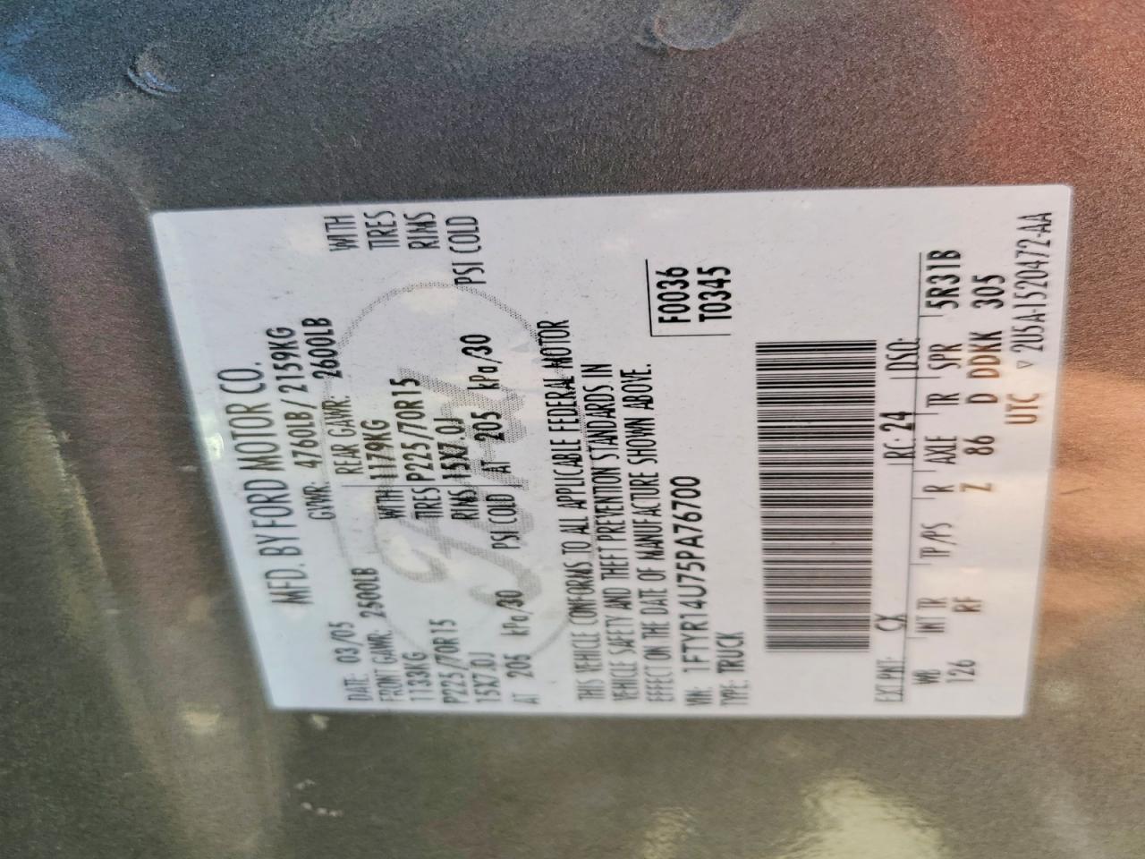 2005 Ford Ranger VIN 1FTYR14U75PA76700 photo 12