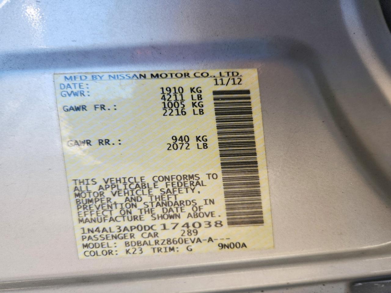 2013 Niss Altima VIN 1N4AL3AP0DC174038 photo 12