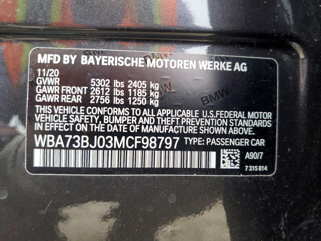 2021 BMW 5 series VIN WBA73BJ03MCF98797 photo 12