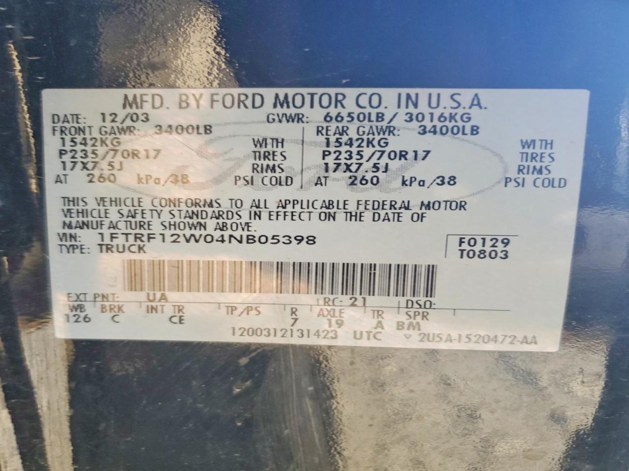 2004 Ford F150 VIN 1FTRF12W04NB05398 photo 12
