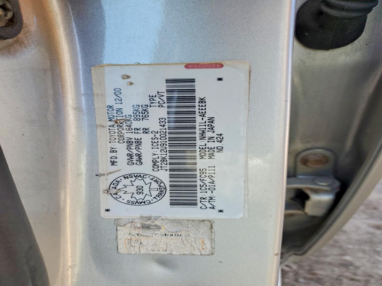 2001 TOYOTA Prius VIN JT2BK12U910021433 photo 12
