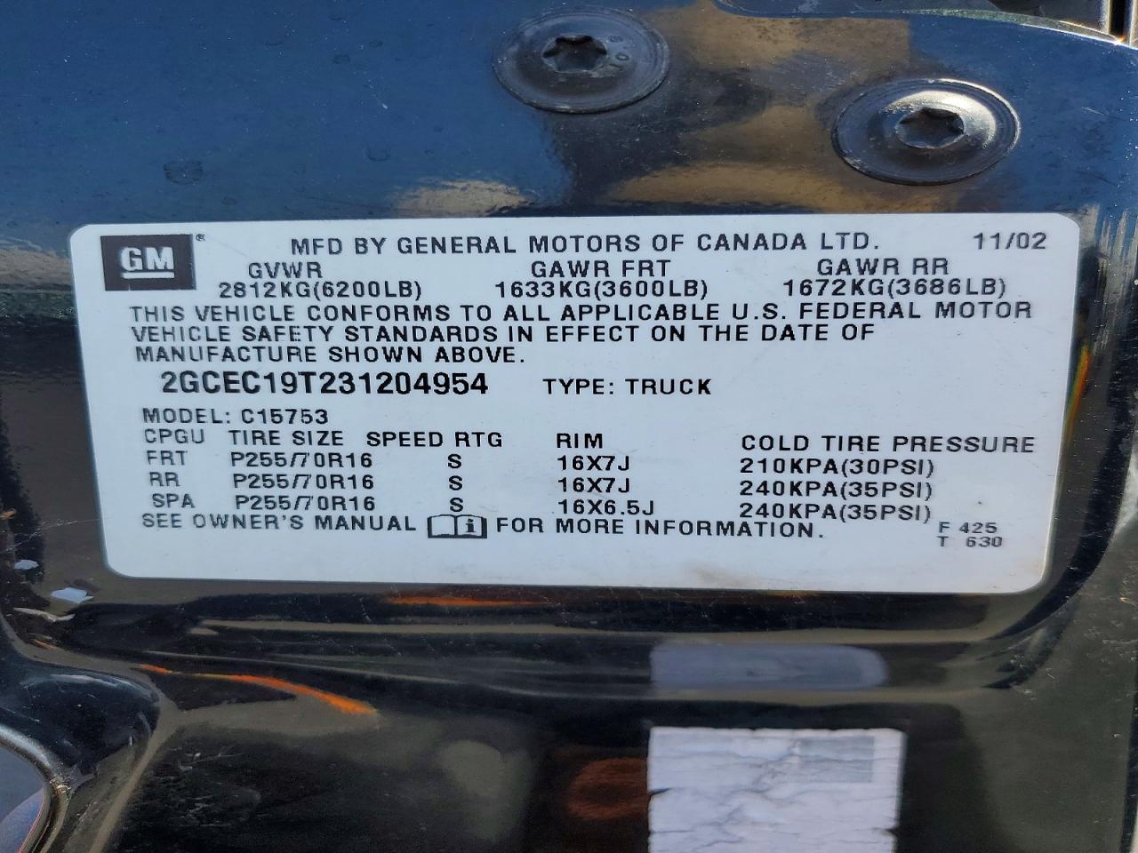 2003 Chev Silverado VIN 2GCEC19T231204954 photo 12
