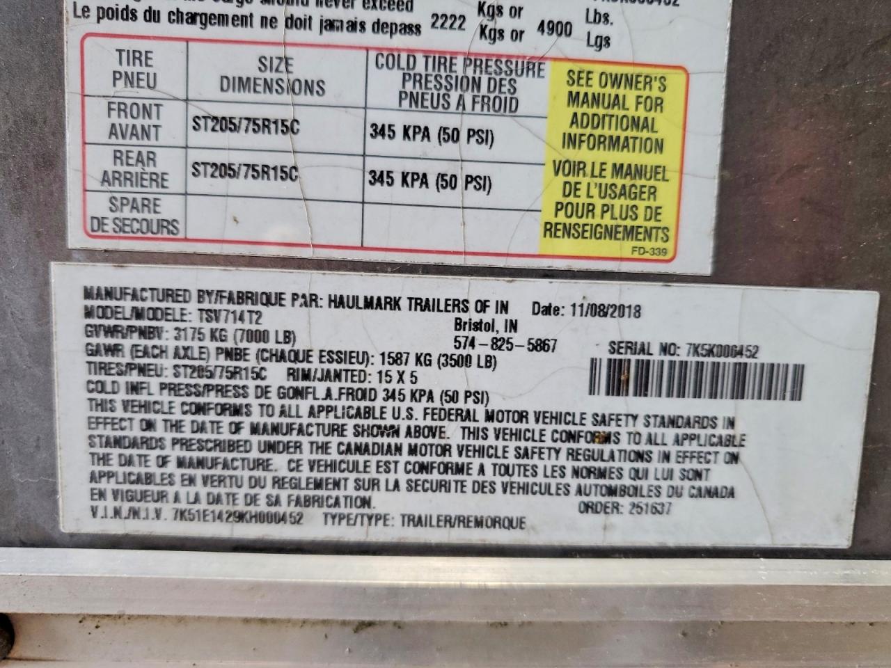 2019 HAULMARK Encl trlr VIN 7K51E1429KH000452 photo 10