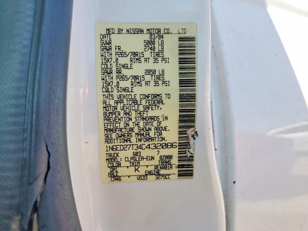 2004 Nissan Frontier VIN 1N6ED27T34C432086 photo 12