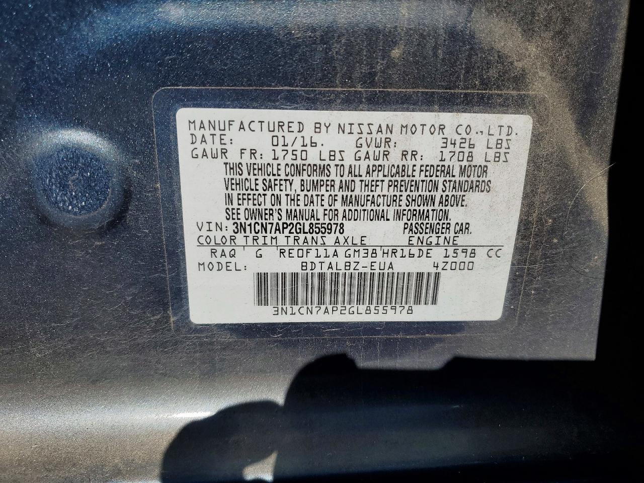 2016 Nissan Versa VIN 3N1CN7AP2GL855978 photo 12
