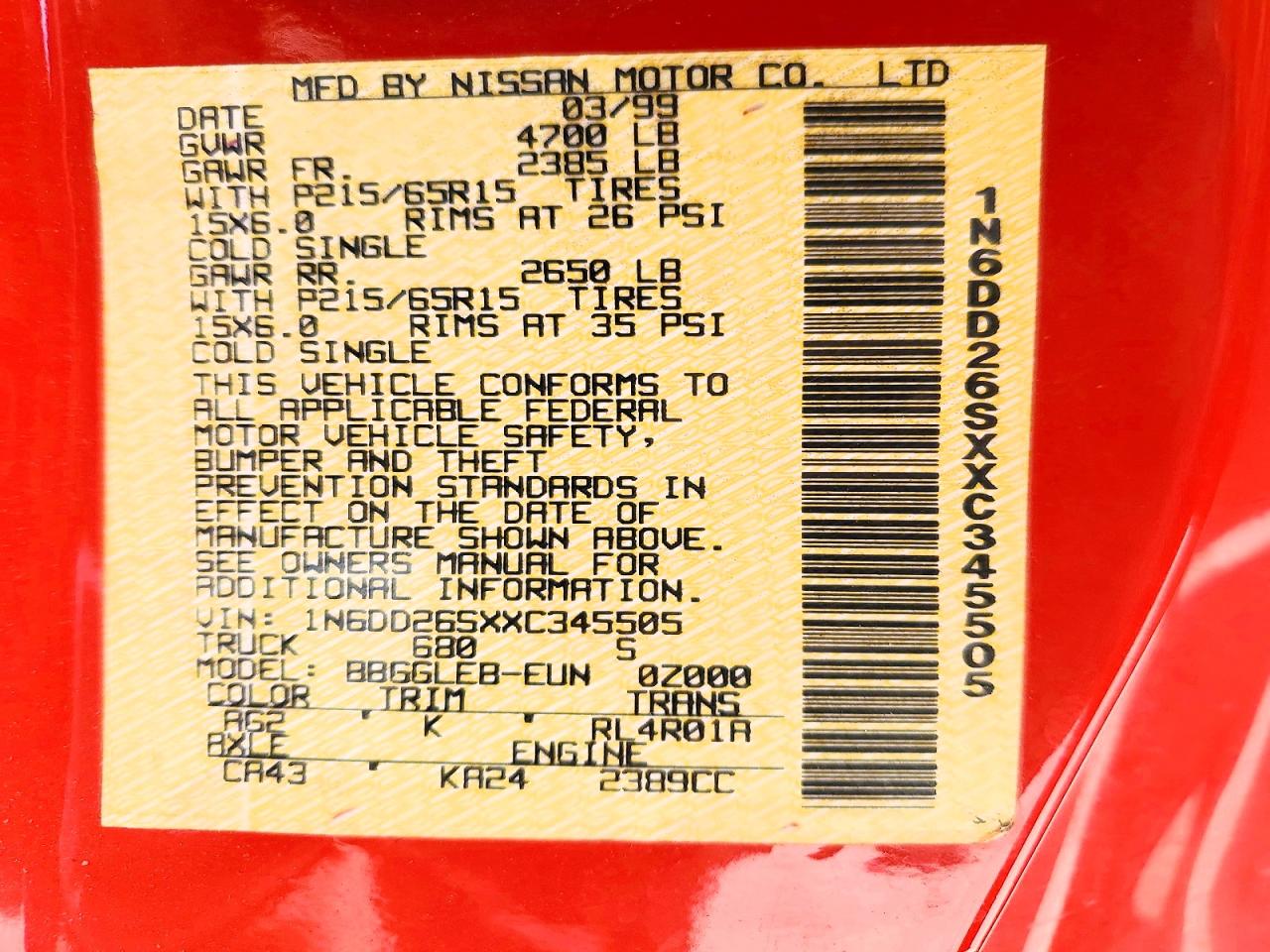 1999 Nissan Frontier VIN 1N6DD26SXXC345505 photo 12