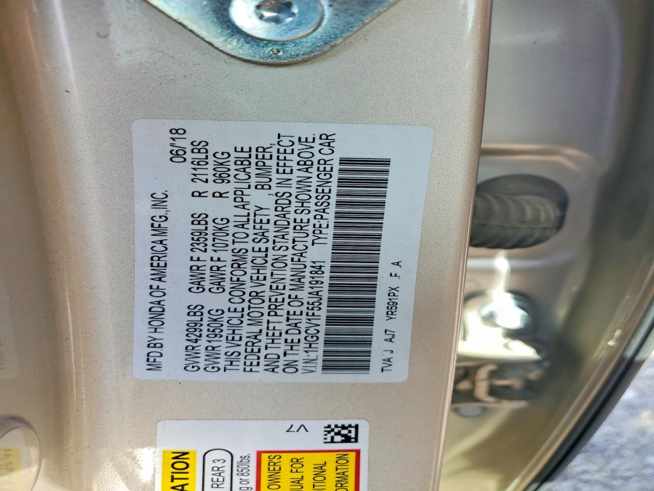 2018 Honda Accord VIN 1HGCV1F55JA191841 photo 12