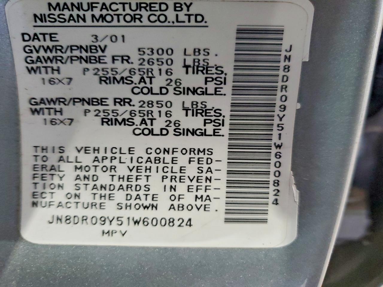 2001 Nissan Pathfinder VIN JN8DR09Y51W600824 photo 12