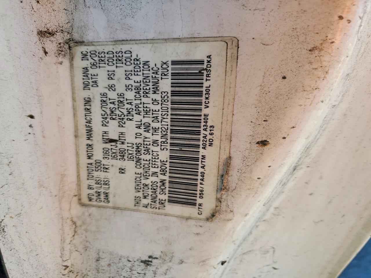 2000 Toyota Tundra VIN 5TBJN3217YS107853 photo 12