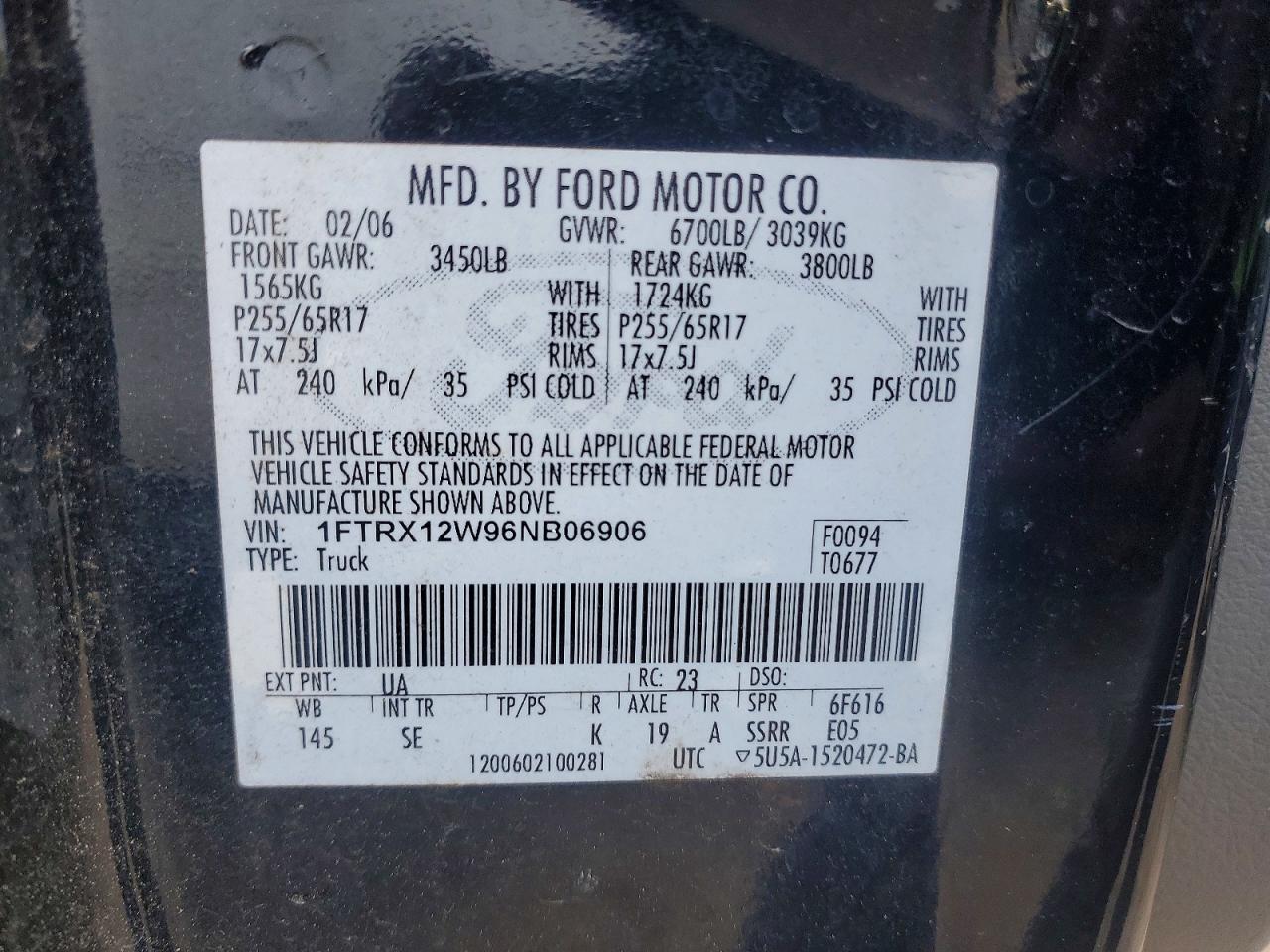 2006 Ford F150 VIN 1FTRX12W96NB06906 photo 12