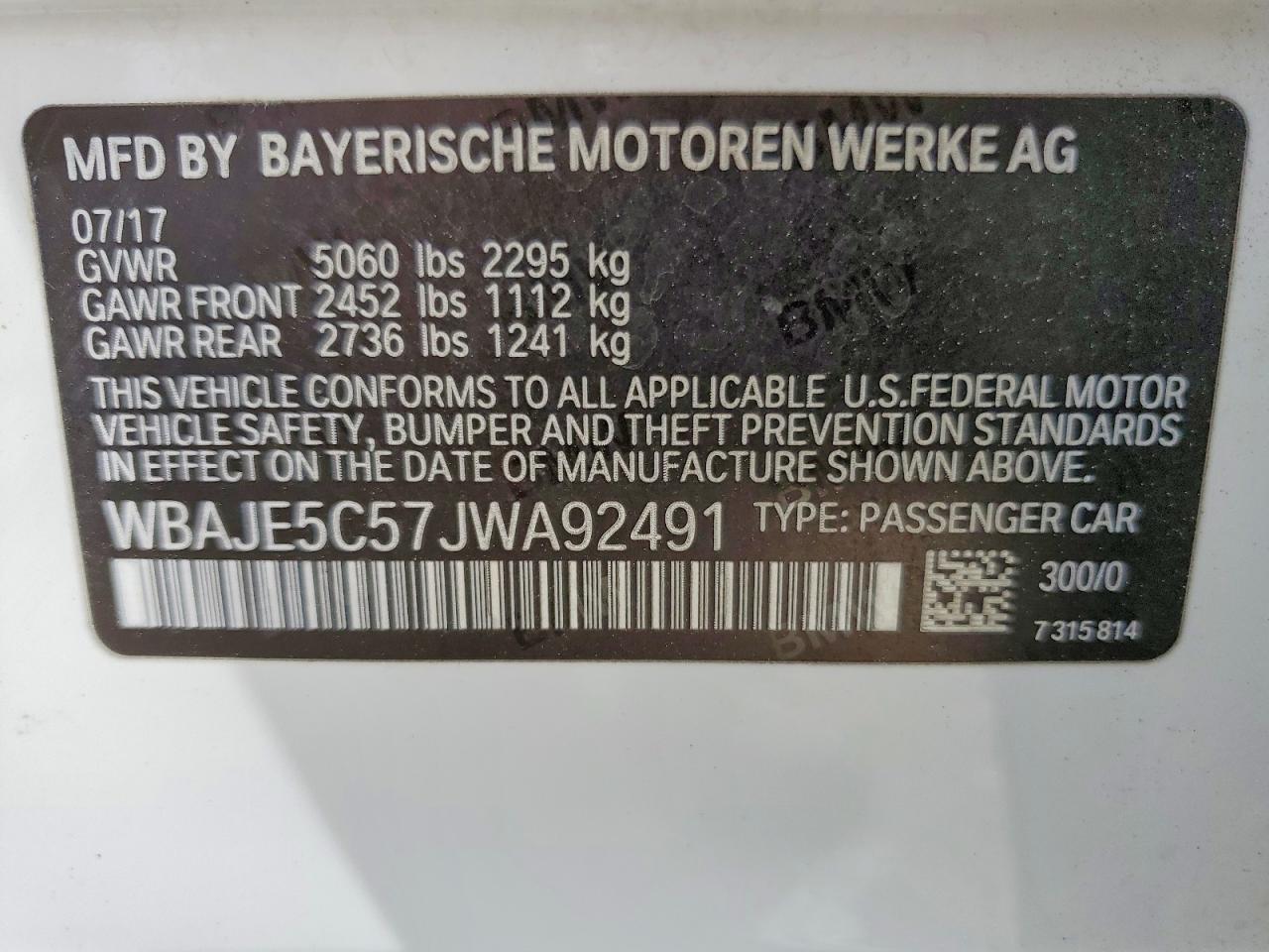 2018 BMW 5 series VIN WBAJE5C57JWA92491 photo 12