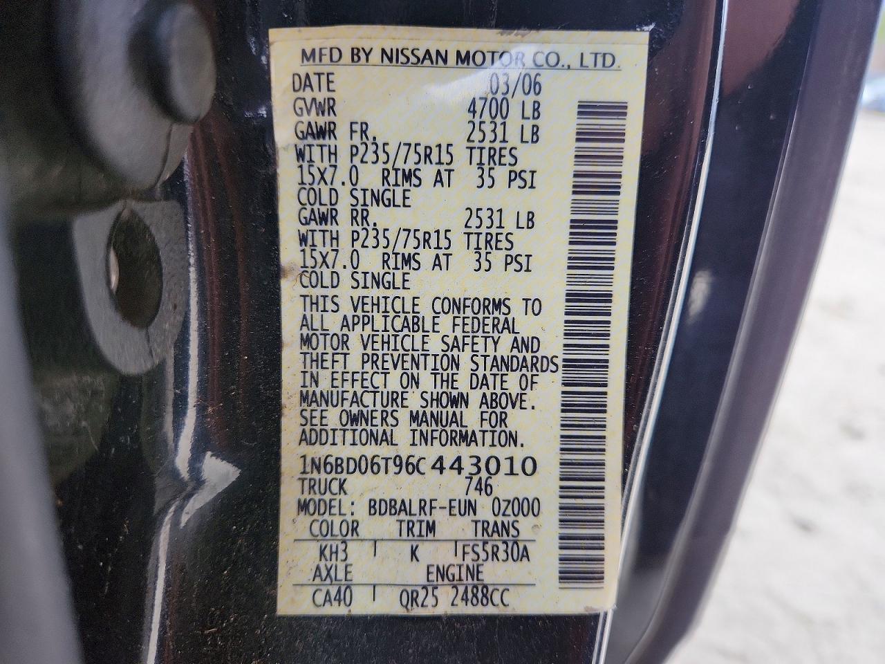 2006 Nissan Frontier VIN 1N6BD06T96C443010 photo 12