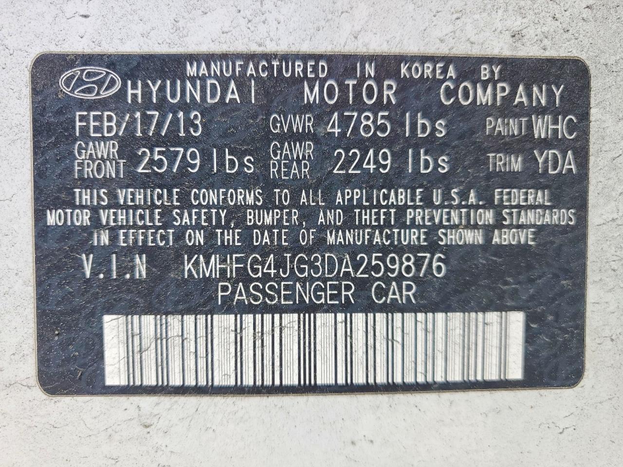 2013 Hyundai Azera VIN KMHFG4JG3DA259876 photo 12