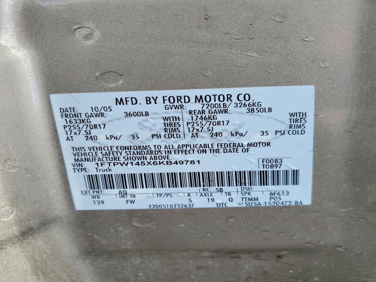 2006 Ford F150 VIN 1FTPW145X6KB49781 photo 12