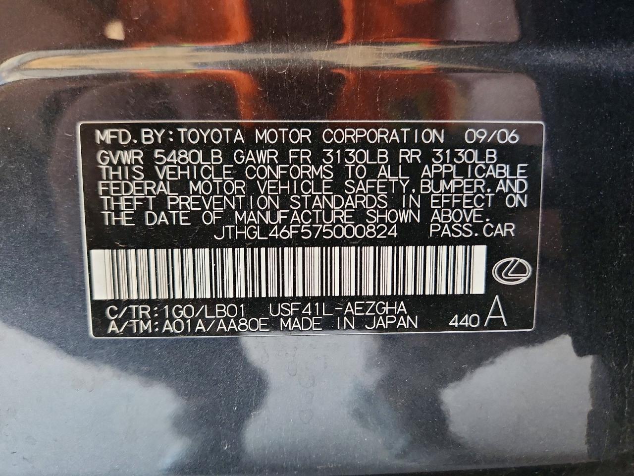 2007 Lexus Ls460 VIN JTHGL46F575000824 photo 12
